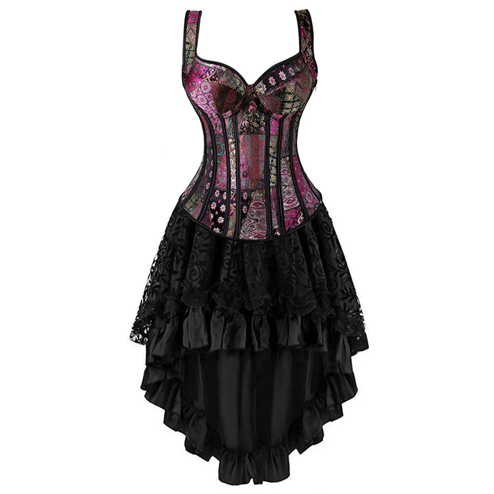 Shoulder Straps Corset Dress Gothic Cosplay Costume Sexy Vintage Steampunk Women Corset Bustier Skirt Set Burlesque Exotic