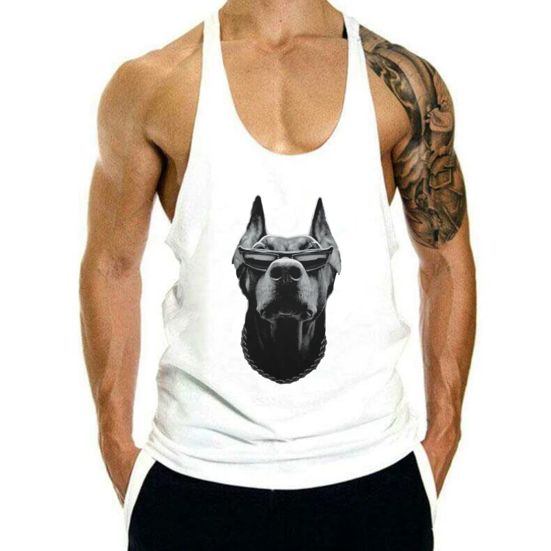 Doberman tank top men Black Big Animal Print Dog with Sunglasses and Chain BABA