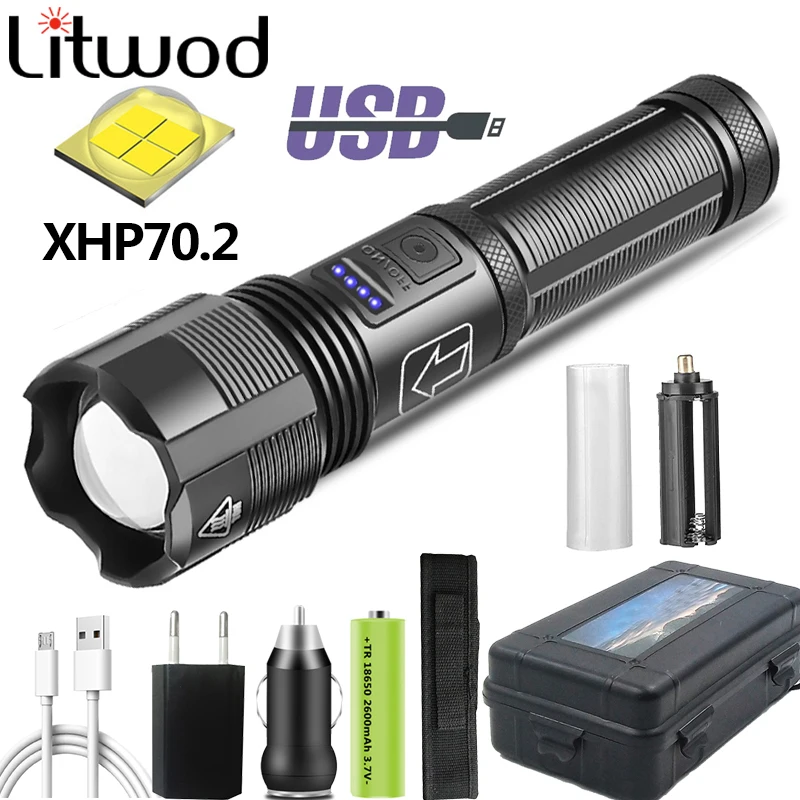 

500000LM Led Flashlight High Quality XHP70.2 XHP50.2 Tactical Hunting Torch Usb Rechargeable Zoomable Lantern 18650 AAA Battery