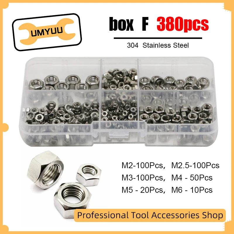 

UMYUU 380Pcs/lot 304 Stainless Steel Hex Hexagon Nut M2 M2.5 M3 M4 M5 M6 DIN934 High Quality Nuts Assortment Kit