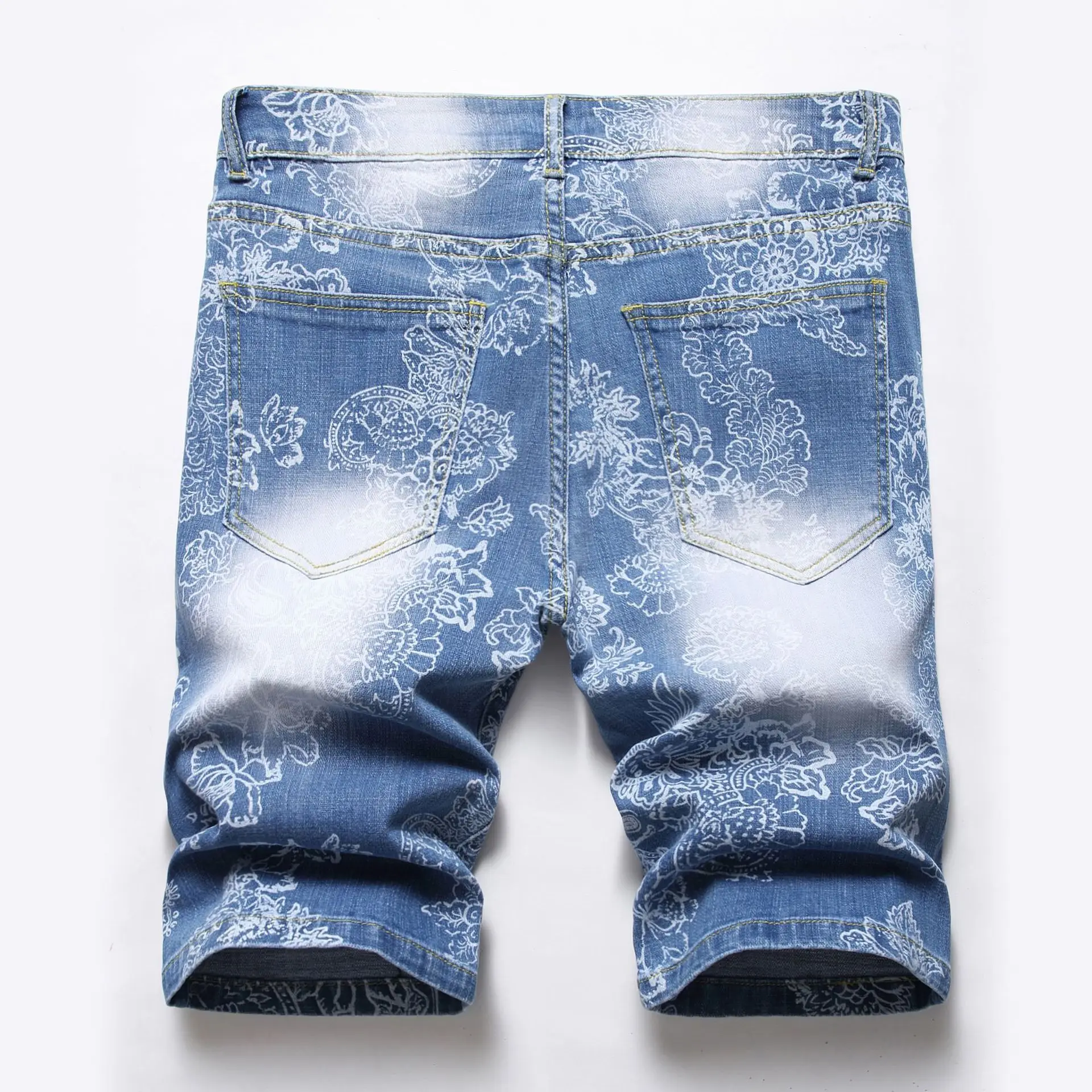Mens Jeans Fashion Elastic Printing Personalized Denim Pants Summer Knee Length Mens Street Wear Shorts Denim Jeans