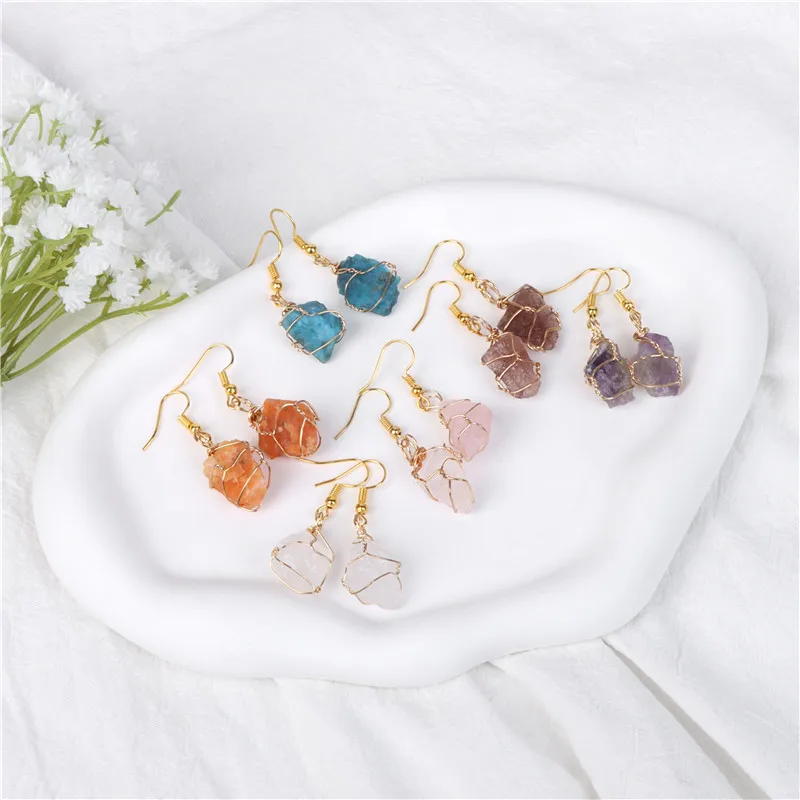 

Raw Mineral Stone Rock Crystal Wrap Earrings Natural Amethysts Rose Clear White Quartz Apatite Dangle Earring Healing Wholesale