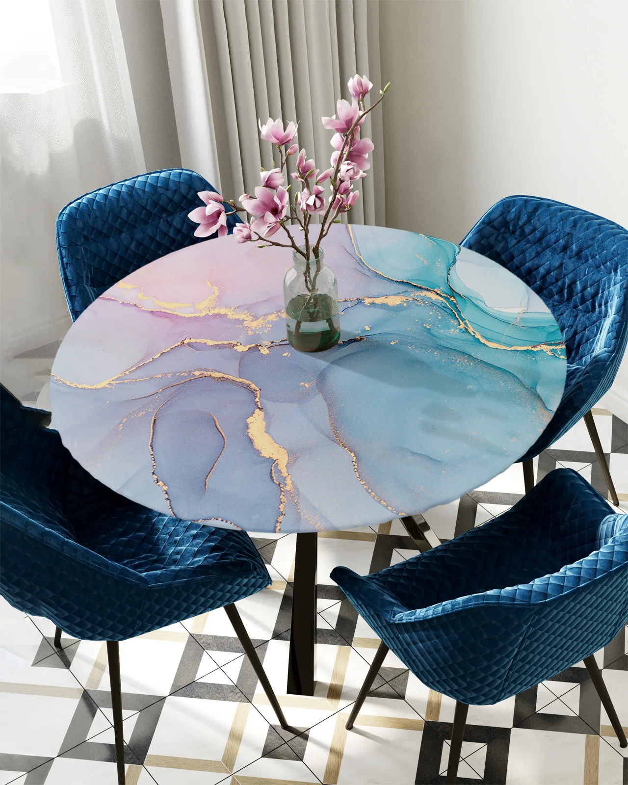 

Marble Turquoise Pink Round Tablecloth Elastic Table Cover Indoor Outdoor Waterproof Dining Table Decoration Accessorie