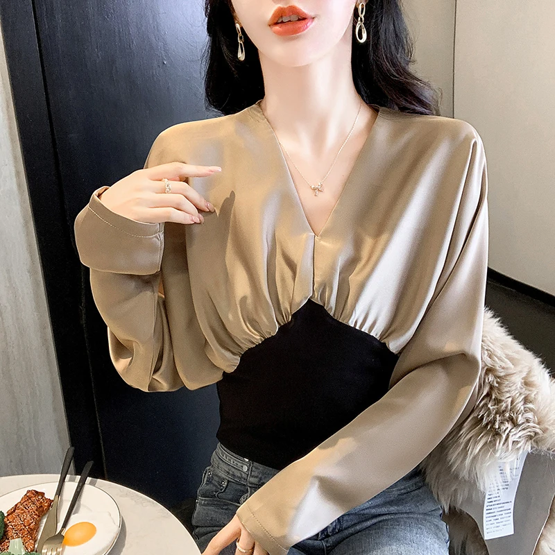 

Chiffon Patchwork Shirt for Women 2022 New In Long Sleeve Fashion Blouses Loose Spring Korean Top Summer Casual Clothing V-Neck