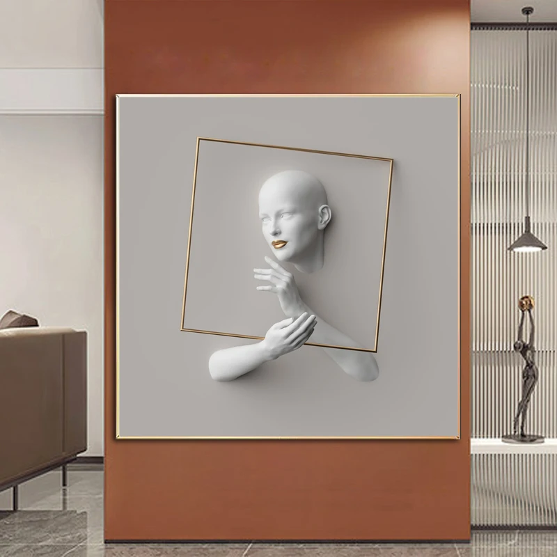 

Abstract Wall Art Canvas Painting Woman Sculpture Posters and Prints Gold Geometric Metal Coil Figure Luxury Living Room Decor