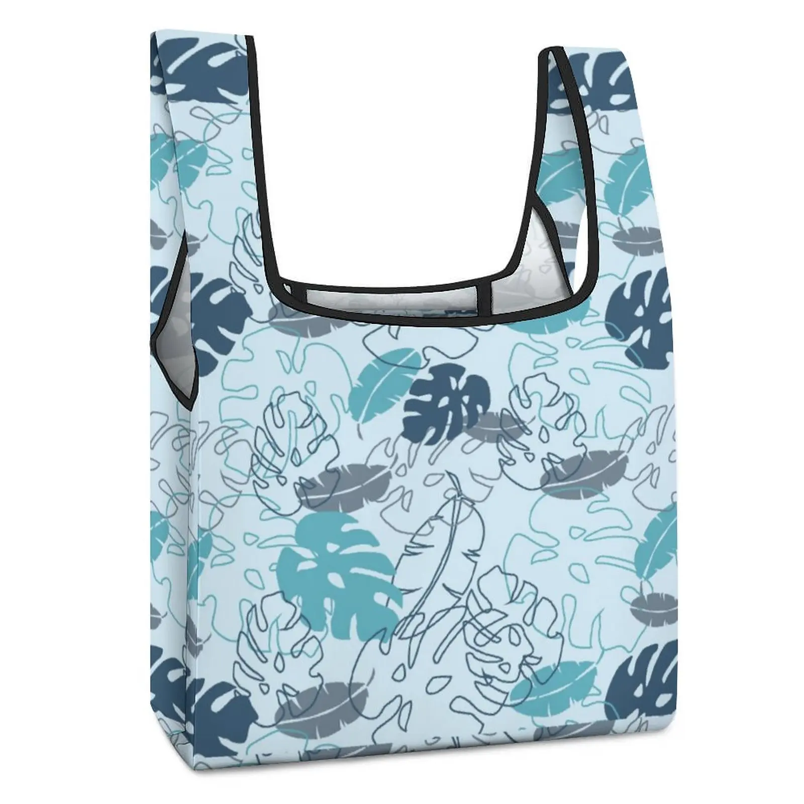 Customed Pattern Blue Leaf Print Foldable Shopping Bag Large Food Handbags Collapsible Vegetable Reusable Travel Grocery Bag