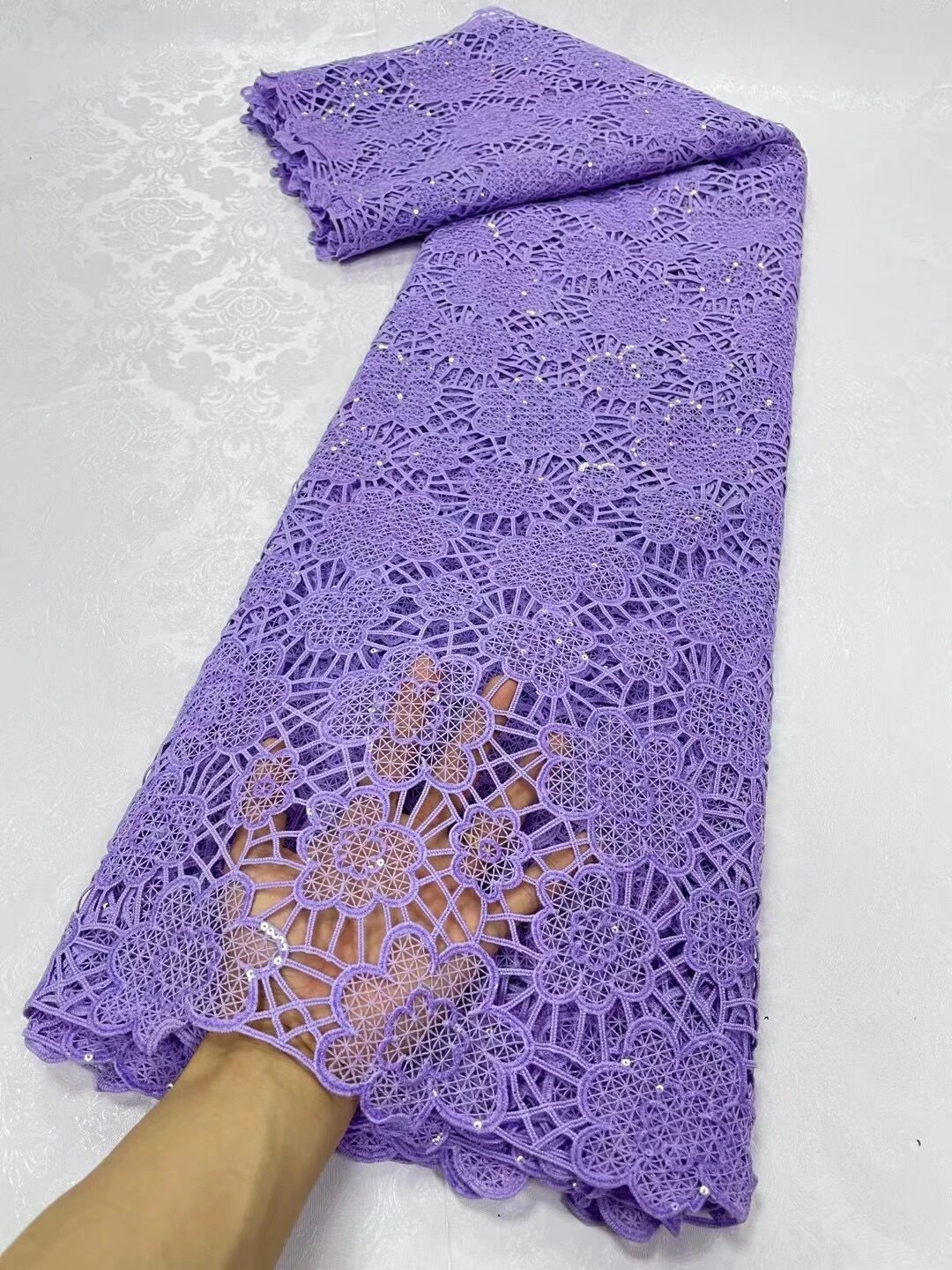 

African White Lace Fabric 2023 Luxury Embroidery Sequins For Women Party Dresses Water Soluble Cotton Fabric Sewing 5Yards Cloth