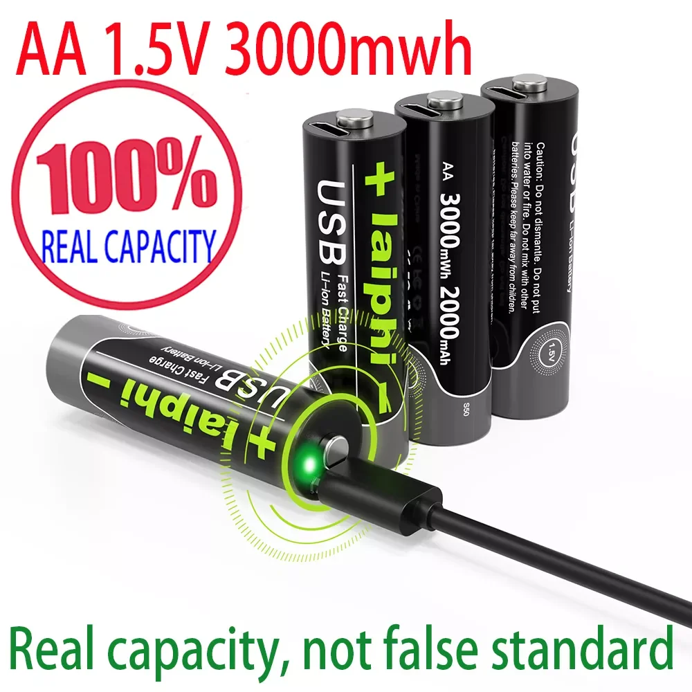 

laiphi 1.5V AA 3000mwh li-polymer li-po USB rechargeable lithium li-ion usb battery USB cable pack Type C charge