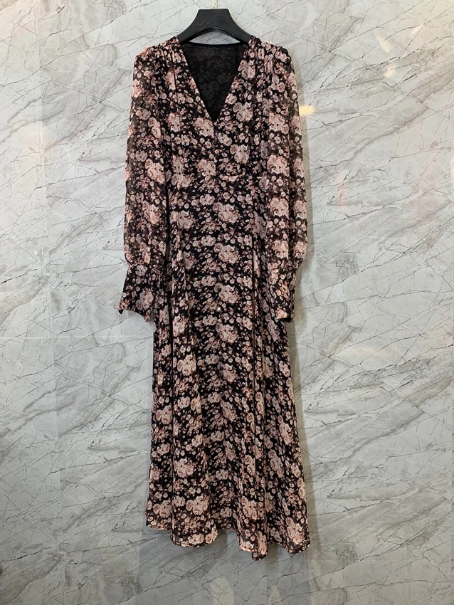 

2022 new women fashion long-sleeved v-neck printed trim micro-puff long dress casual holiday dress 903