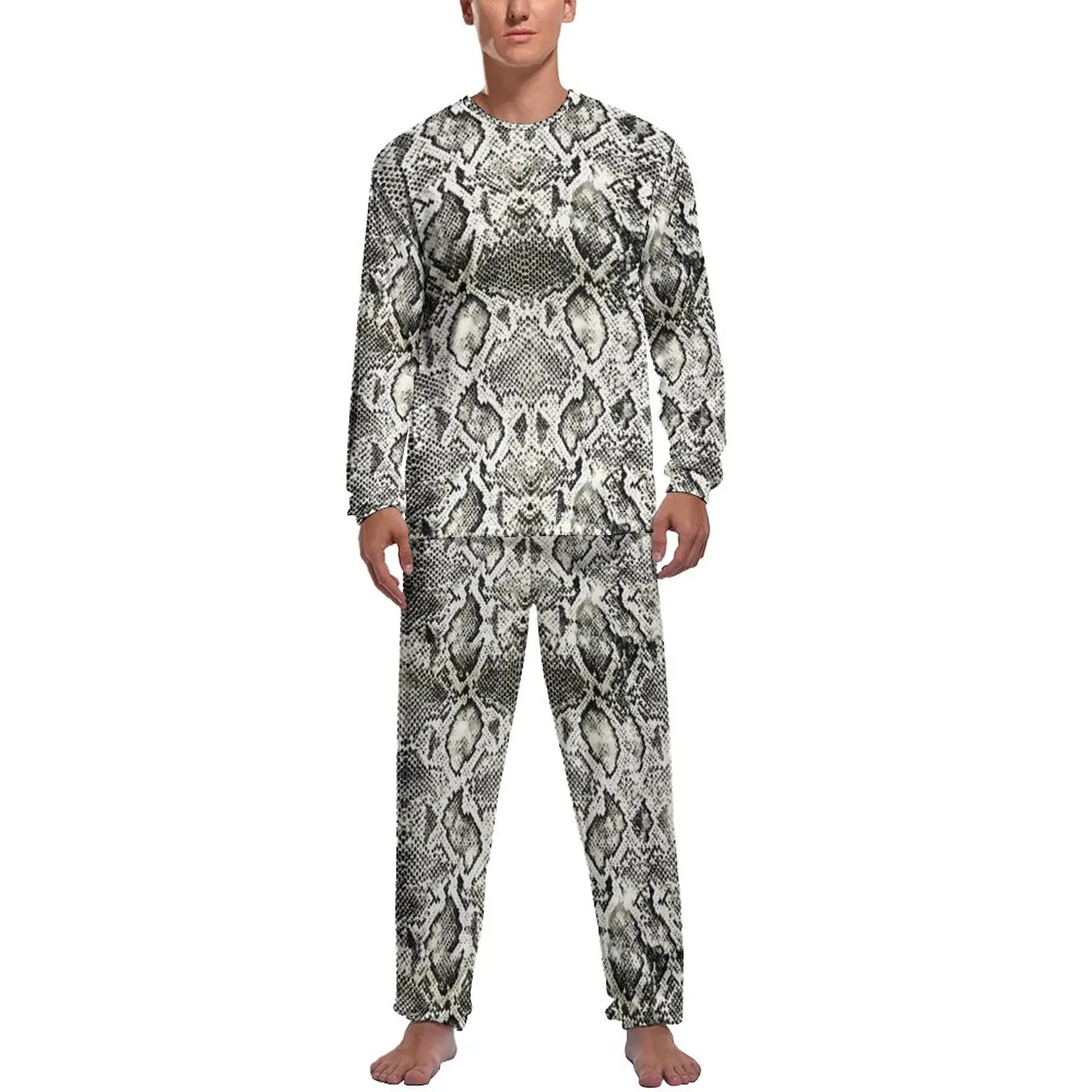 

White Snakeskin Pajamas Spring Animal Print Room Sleepwear Men Two Piece Custom Long Sleeves Warm Pajama Sets