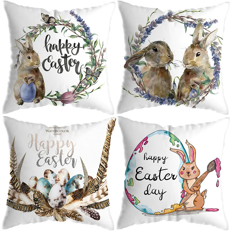 

Happy Easter Pillowcase Easter Decorations For Home Party Sofa Rabbit Bunny Eggs Polyester Pillow Cover 45*45cm