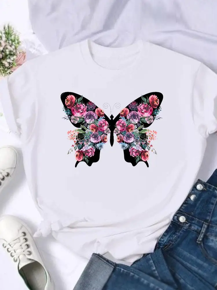 

T-shirts Women Clothing Cartoon Shirt Female Short Sleeve Fashion Flower Floral Butterfly Cute Summer Graphic Tee Print T Top