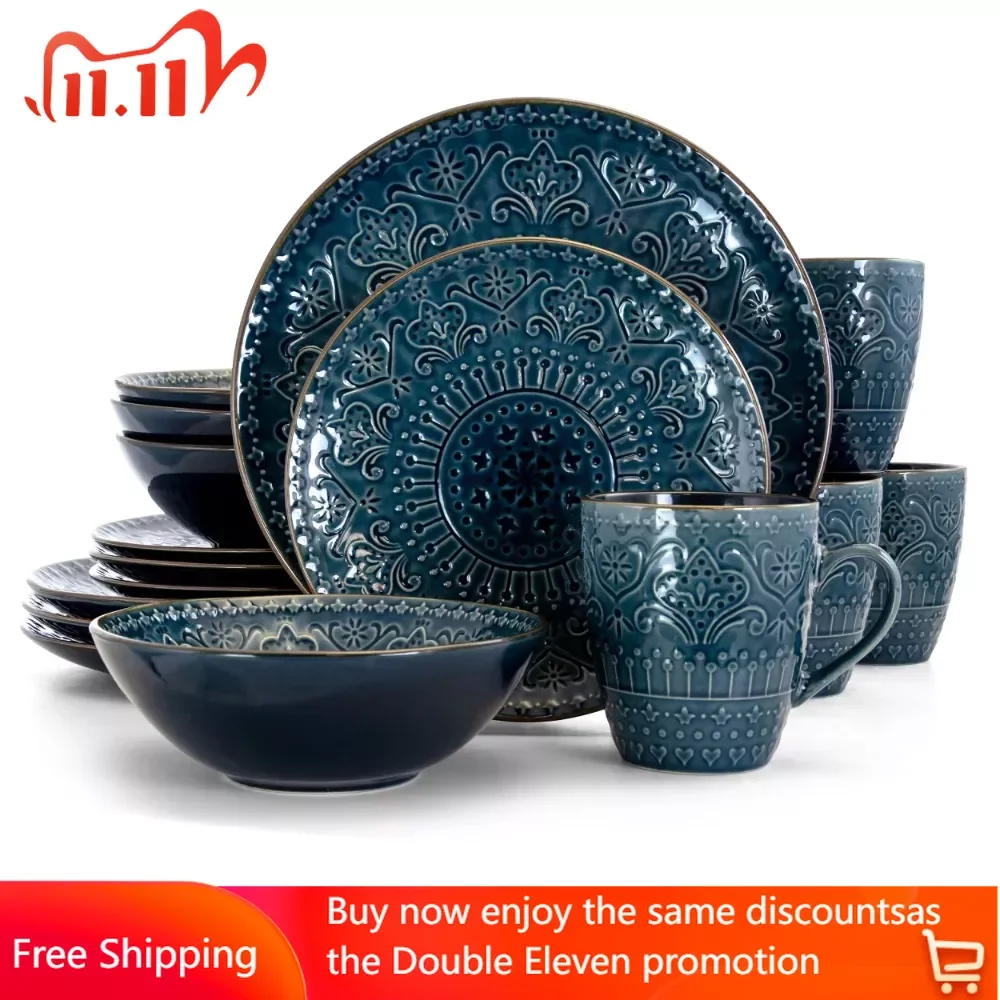 

Food Plate Dinner Set Deep Sea Mozaic 16 Piece Luxurious Stoneware Dinnerware With Complete Setting for 4 Ceramic Dishes to Eat