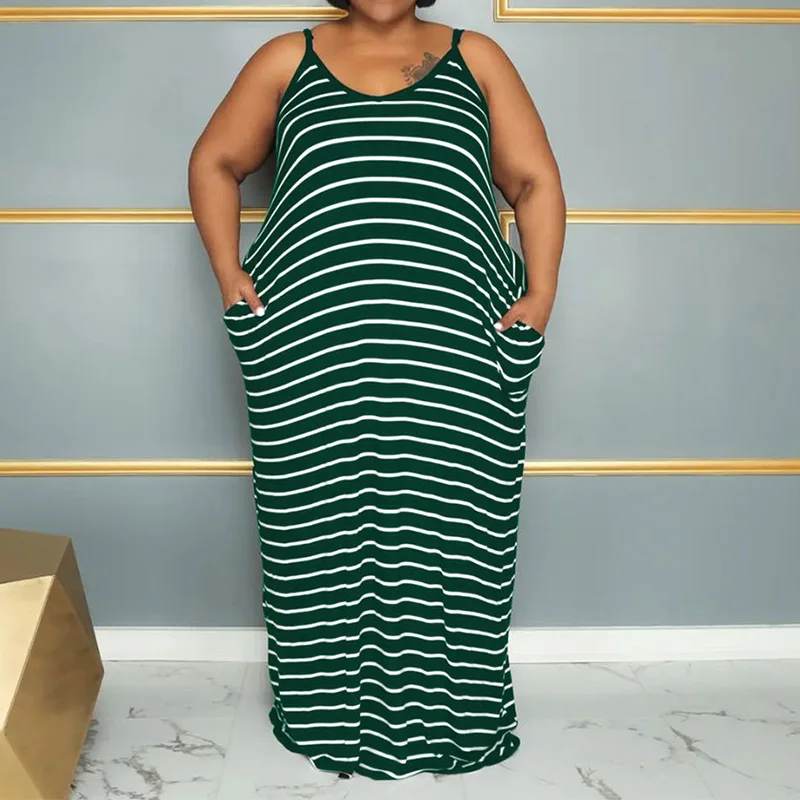 Summer Crew Neck Casual Striped Printed Sleeveless Plus Size Women's Clothing Patchwork Double Pockets A-line Slip Long Dress