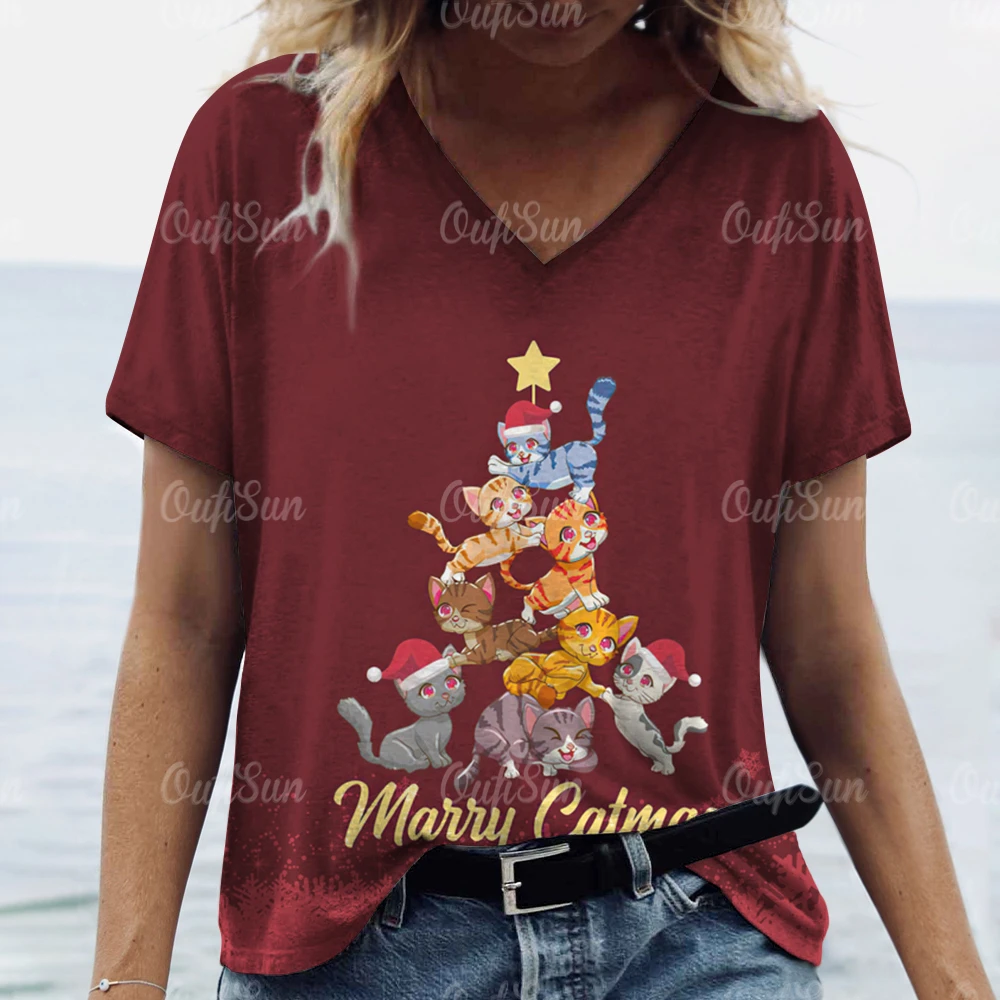 

V-Neck T-Shirt For Women Christmas Shirt 3d Print Christmas Short-Sleeved Blouses Fashion Red Tops Festive New Women's Clothing