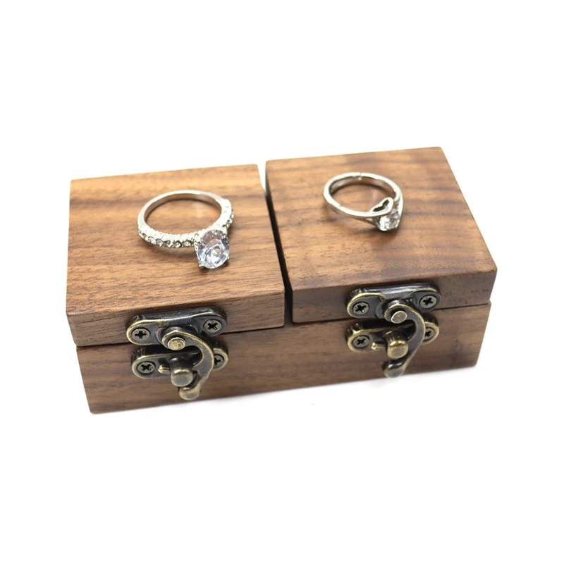 

H9ED Double Open Lid Walnut Box Wooden Pair Ring Proposal Gift Box Jewelry Diamond Ring Box Ring Box Horn Lock Ring Organizer