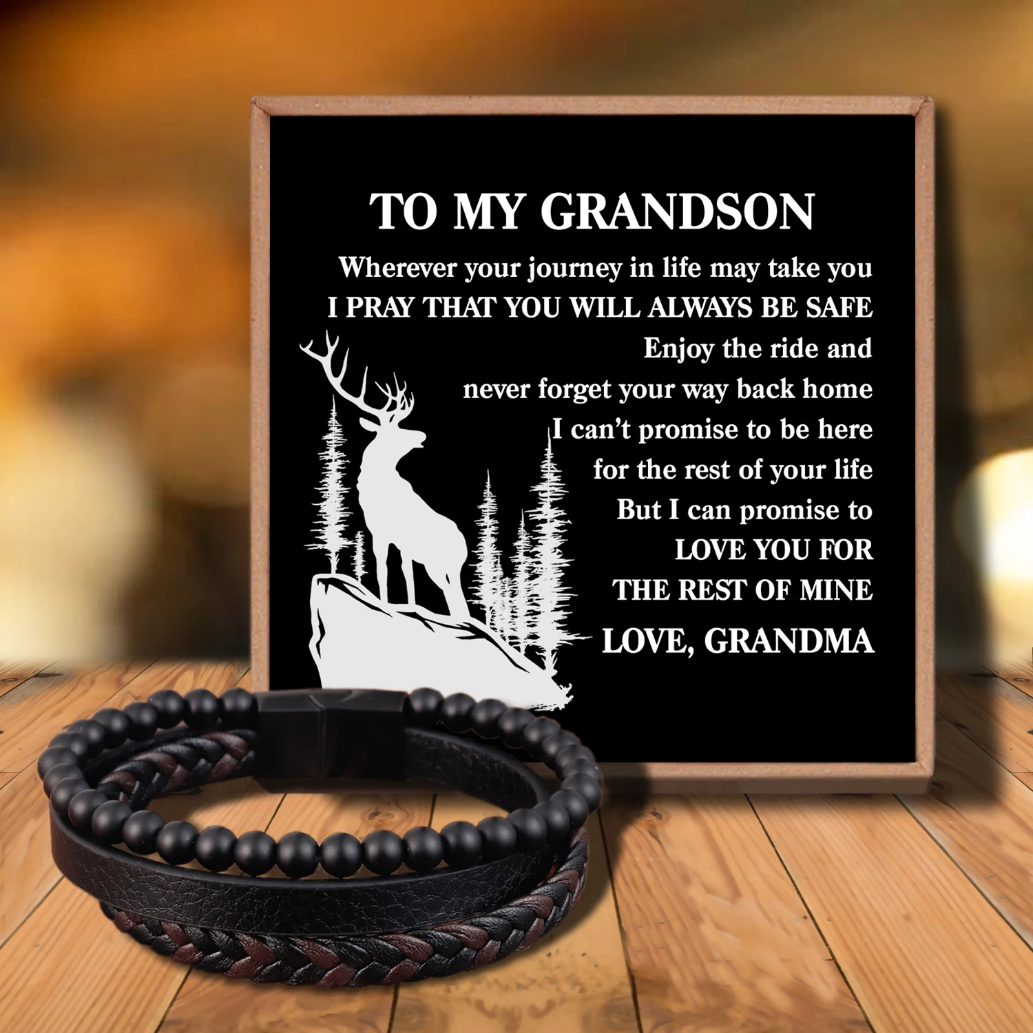 

Sab3133 Grandma To May Grandson MingAo Fine Stainless Steel Jewelry Multi-Layered Men's Black Leather Beaded Bracelet High