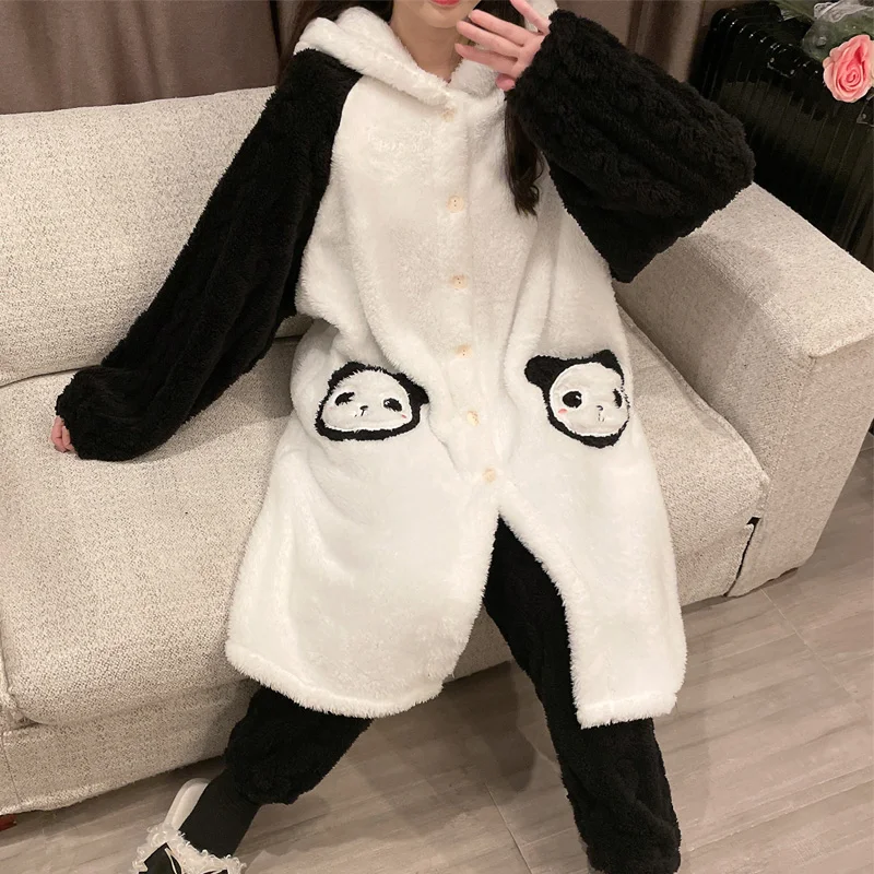 

FUNISHI Flannel Women's pajamas Inspissate Pajama Set Nightdress Hooded Loose Version пижама женская Winter Pajamas Plush XXL