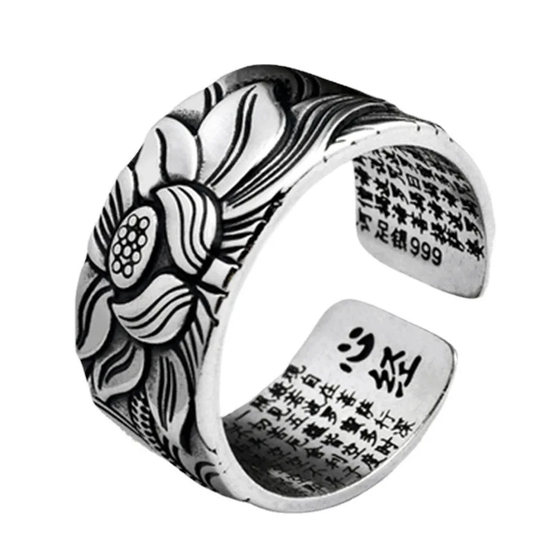 

Серебристо-черное мужское и женское Открытое кольцо с лотосом серебристое винтажное широкое серебристое кольцо с цветком лотоса