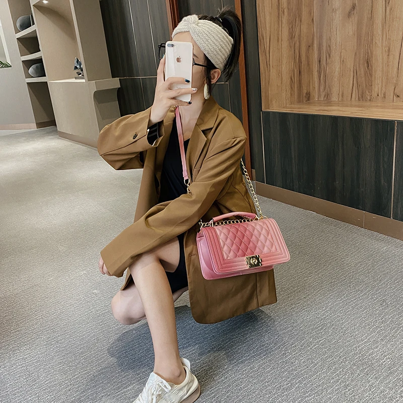 

Women's contrast color leather messenger bag metal chain handbag travel portable square bag shoulder simple wallet dinner bag