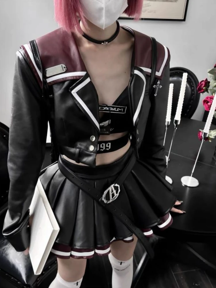 Женский кожаный костюм с мини-юбкой Y2k элегантный готический из двух предметов