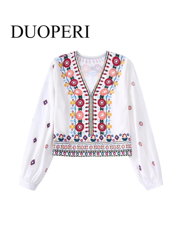 

DUOPERI Women Fashion Position Print Pullover Blouse Long Sleeves Female Chic Lady Vintage Shirts Outfits