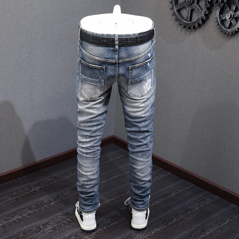 Street Fashion Men Jeans Retro Blue Stretch Painted Skinny Ripped Jeans Men Beading Patched Designer Hip Hop Brand Pants Hombre