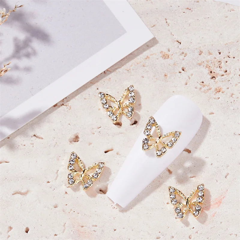 

10pcs 3D Exquisite Hollow Butterfly Nail Art Decorations Gold Silver Base Inlaid Diamond Nail Luxury Charms DIY Nail Accessories