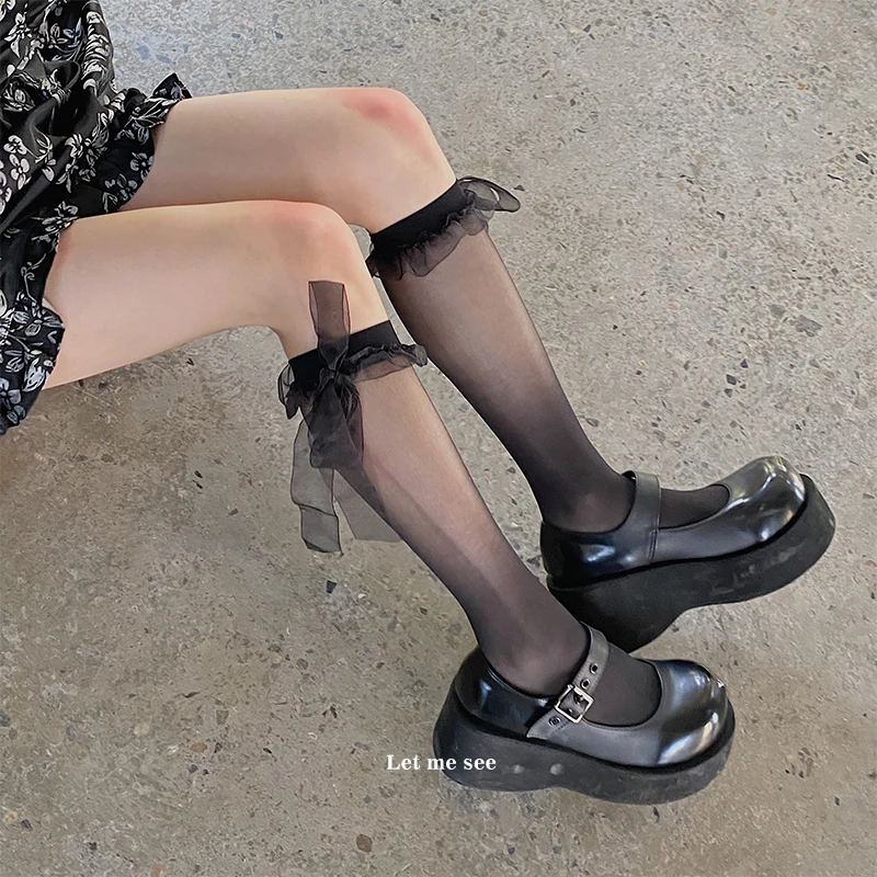 E Summer Thin Ribbon Tube Socks Calf Socks Solid Color Jacquard Black Crystal Socks Outer Wear