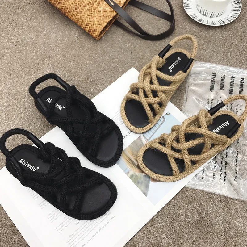 

Roman Sandals 2022 Women's Ladies Shoes Summer Open Toe Suit Female Beige Large Size Gladiator New Flat Peep Comfort Handmade Bl