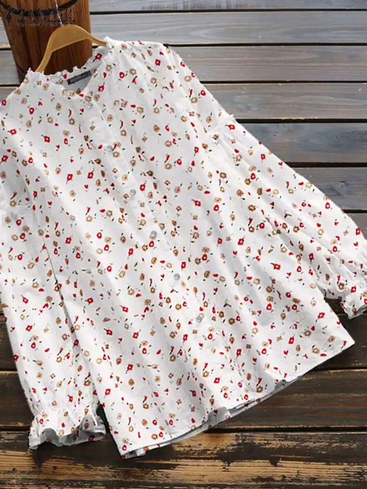

2022 Vintage Long Sleeve Shirt ZANZEA Women Floral Printed Blouse Bohemian Holiday Tops Casual Loose Buttons Ruffles Blusas