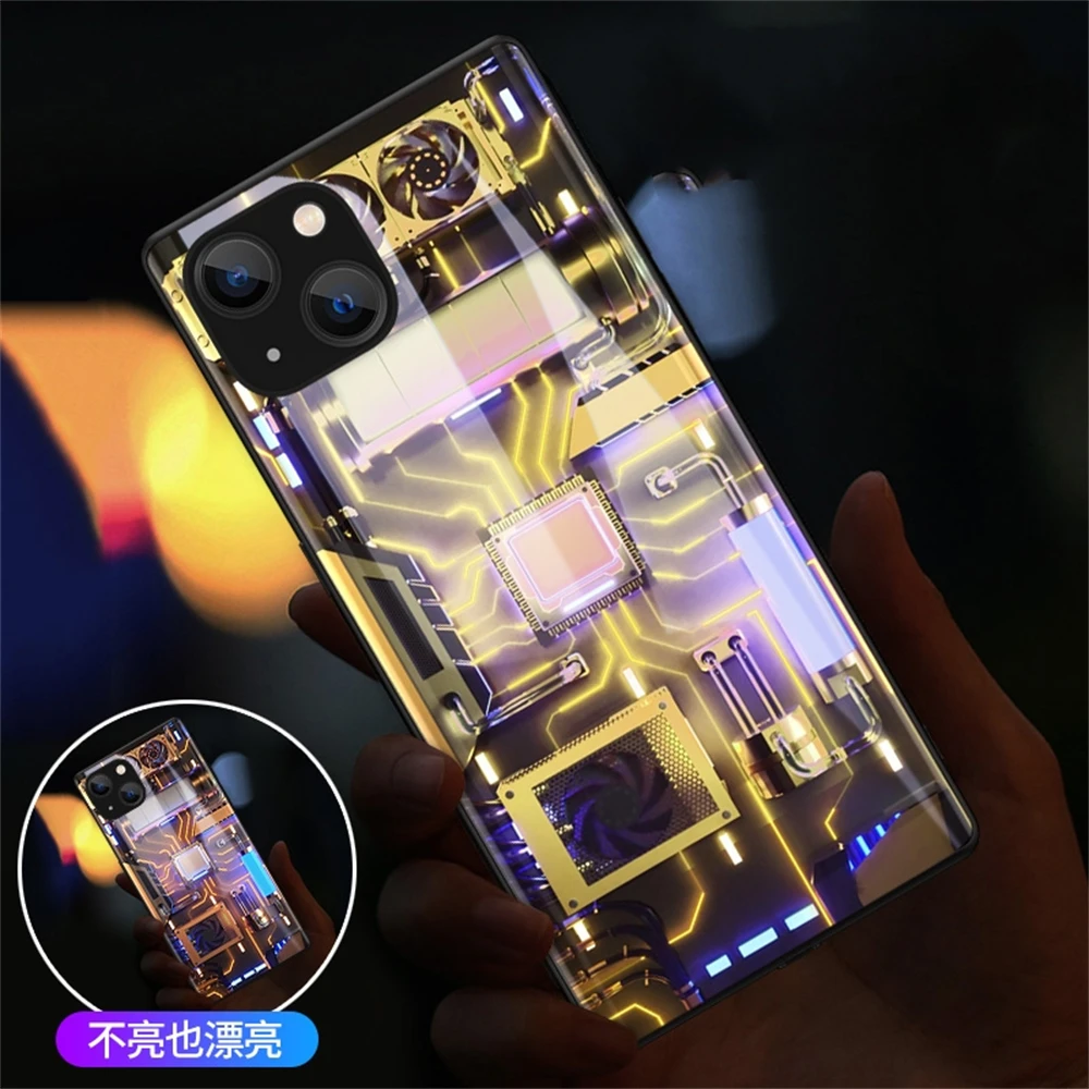 Синяя печатная плата Светодиодный светящийся чехол из закаленного стекла для