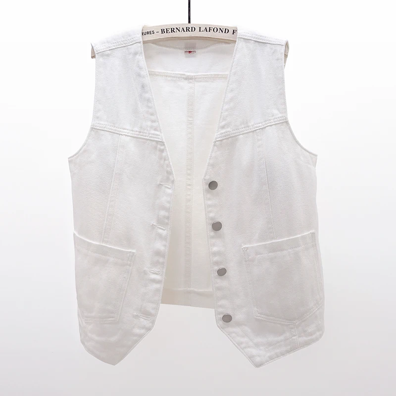 

White Denim Vest Women Casual Slim Short Waistcoat Summer Thin Cowboy Sleeveless Jacket Coat V Neck Big Pocket Jeans Vest Female