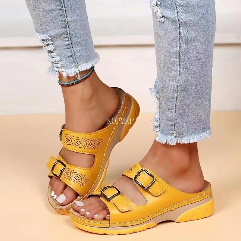 

Women Chunky Sandals Synthetic PU Leather Round Toe Ankle Strap Buckles Ladies Summer Platform Shoes Handmade Shoes for Women