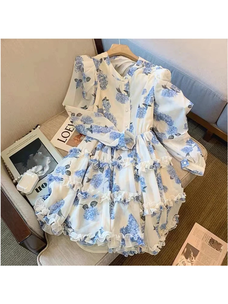 

Женское винтажное платье с цветочным принтом, синее платье-трапеция с оборками и длинным рукавом, весна-лето