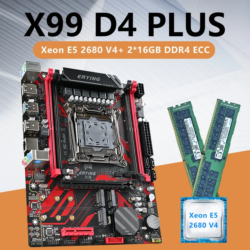 

ERYING X99 D4 PLUS LGA 2011-3 XEON X99 Motherboard with E5 2680 v4 CPU Processor with 2*16GB DDR4 RECC ECC Memory Combo Kit Set