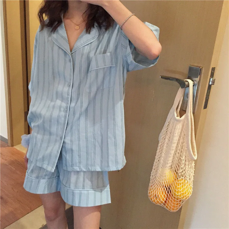 Pajamas for Women Summer Korean Sweet Sleepwear Girls Striped Lapel Home Clothes Kawaii Plus Size Loose Pijama Ladies Pyjama Set