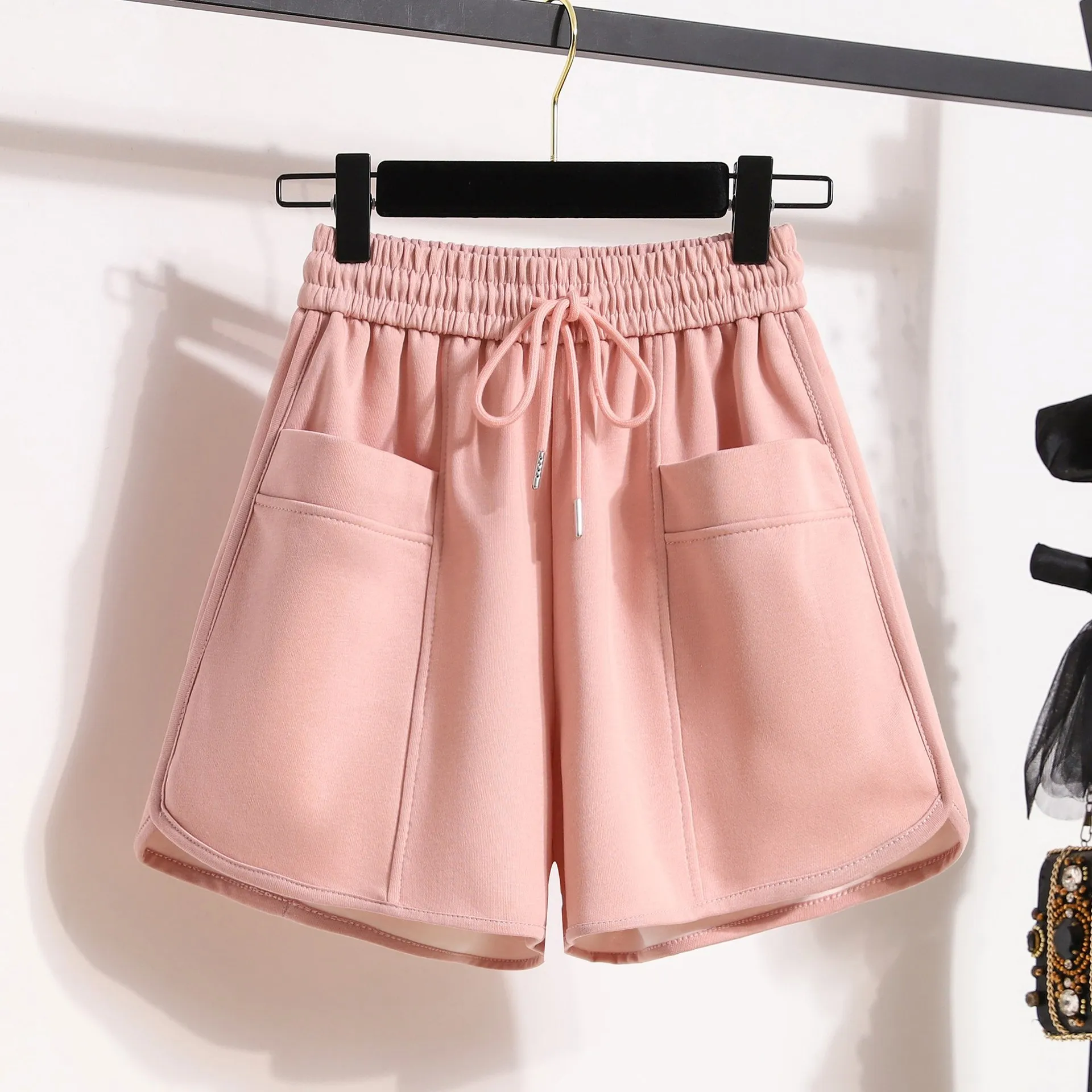 Casual Shorts Women Summer 2023 Candy Color Elastic Waist Sweatshort With Double Pokcets Korean Style Cotton Breathable Shorts