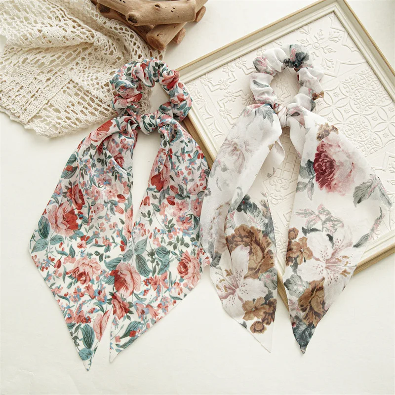 

Fashion Tie-dye Floral Scrunchies Long Ribbon Hair Rope Korean Satin Hair Ties for Women vintage Hair Ring Elastic Hair Bands