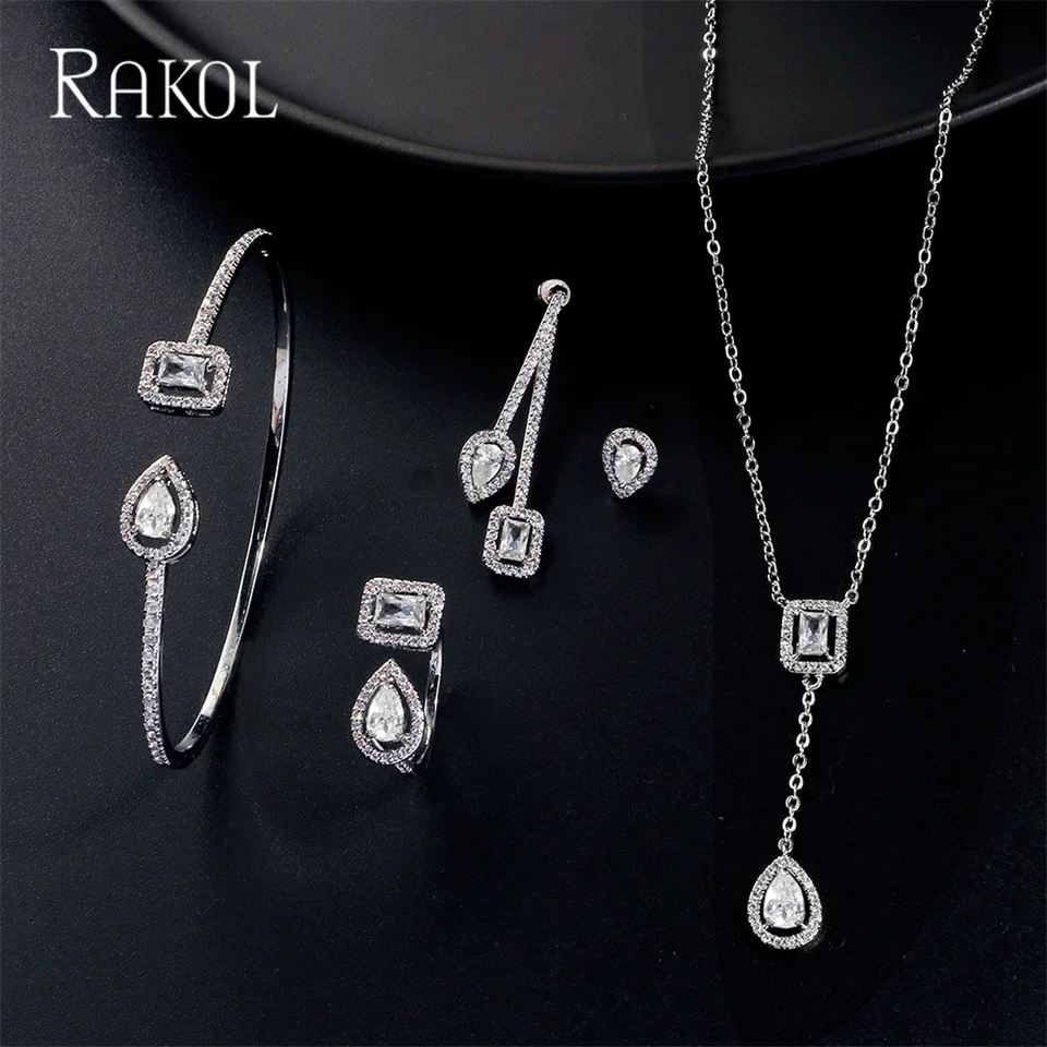 

RAKOL Exquisite Cubic Zirconia Earrings Necklace Ring Set Luxury White Color Bridal Wedding Jewelry for Women Girls Dinner Party