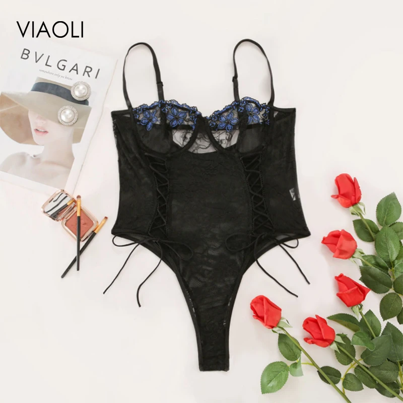 

New Europe and America High Quality Lace Underwear Set Lace Flower Embroidery Perspective Sexy Lingeri Bodysuit with Steel Ring