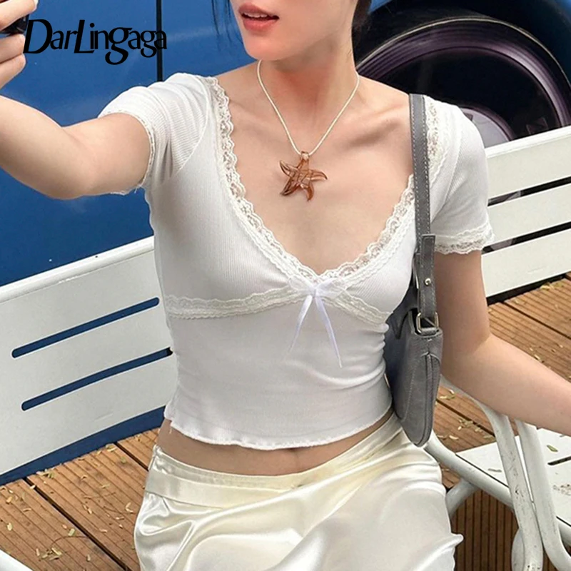 

Кроп-Топ женский с кружевной отделкой и V-образным вырезом, y2k