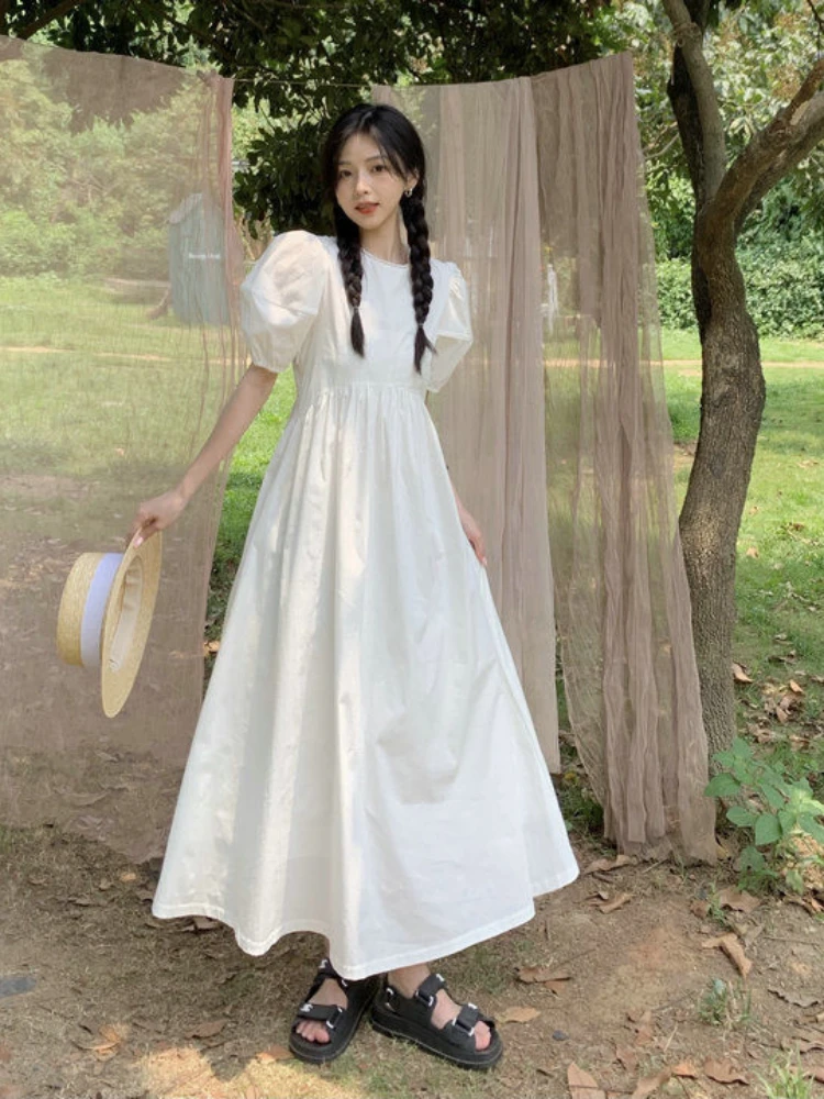 

Girly Sweet Dress Women Gentle Puff Sleeve Lace-up Dress Women Age-reducing Mid-length A-line Skirt Vintage White Princess Dress
