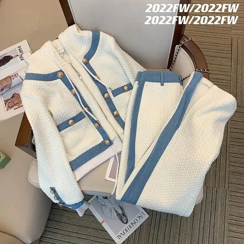 Women Elegant Office Suit Long Sleeve Hoodies Jacket Coat Top And Pant Two Piece Set Tracketsuit Denim Patchwork White Clothing