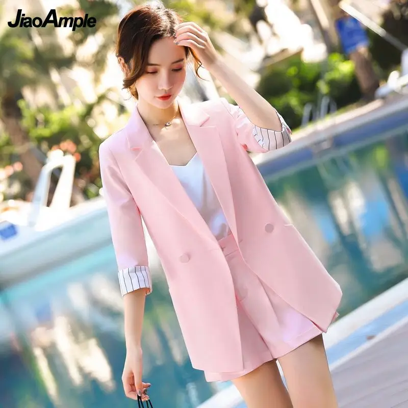 Korean Fashion Professional Wear 2022 Summer New Blazer Vest Shorts Three-piece Women's Five-point Sleeve Suit Coat Pant Set