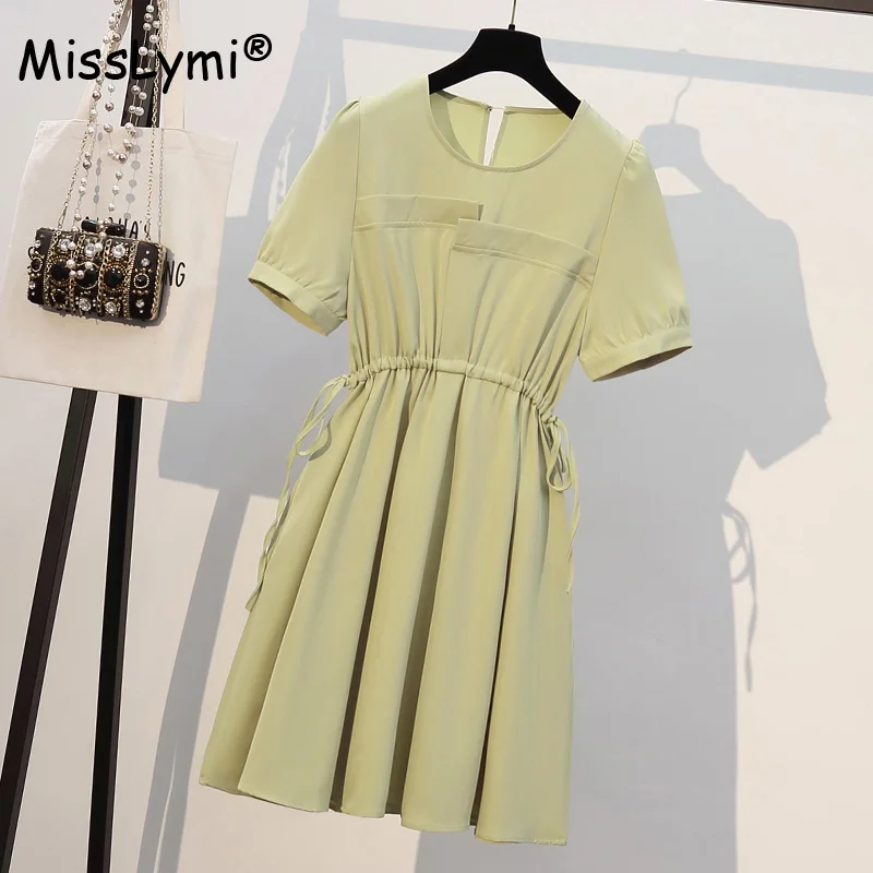 

Big Size Women Green Casual Dress Summer 2022 O-Neck Short Sleeve Asymmetric Patchwork Drawstring High Waist Sweet Dresses