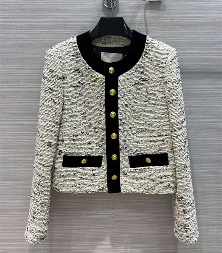 

Женская одежда в европейском и американском стиле, новинка весны 2022, модное твидовое пальто с золотыми пуговицами, круглым воротником и дли...