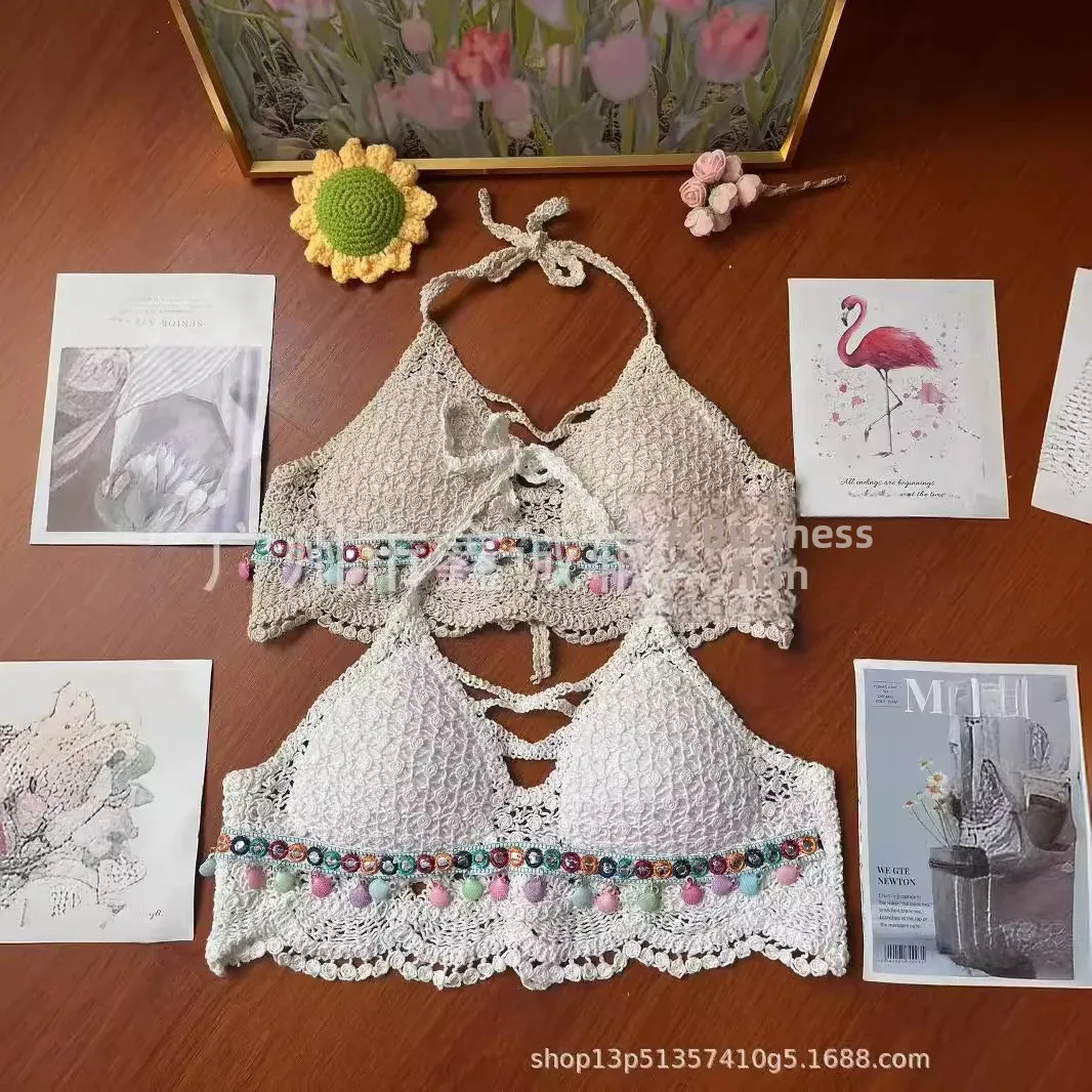 Bustier Style Embroidered Short Vest Women's Backless Hollow Out Camisole With Strap Chest Pad Inner Wear Summer Top