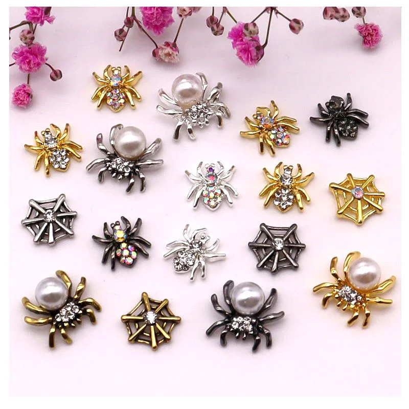 

10pcs/Pack Metal Halloween Collection Nail Art Decorations Pumpkin Skeleton Spider Skull Shiny Rhinestone Charm Nail Accessories