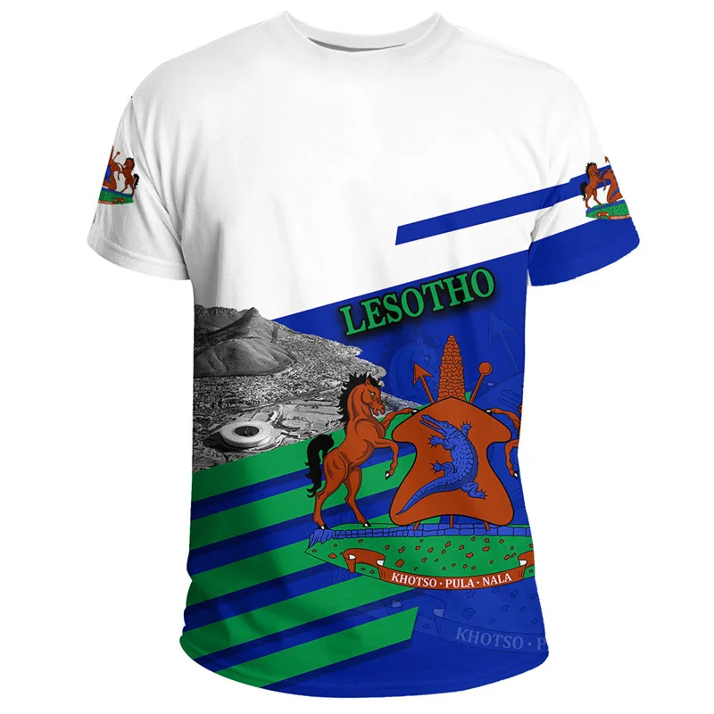 Фото Футболка с 3D-принтом The RepublicOf Lesotho Map Flag Lesotho Герб Графические футболки с короткими рукавами Винтажная мужская одежда Топ №5